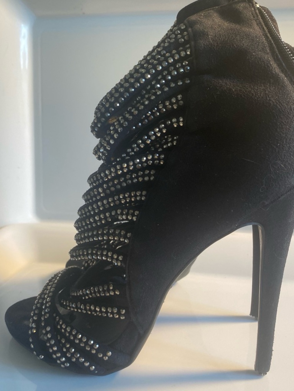 bebe Black Crystal-Embellished Strappy High Heels